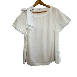 CROWN & IVY XL White Seersucker Stripe Cotton Bow Short Sleeve Preppy Top